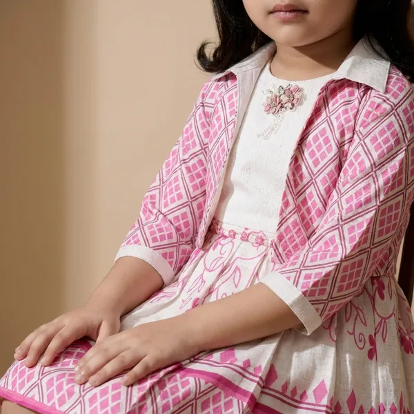 Pink_Geometric_Print_Midi_Dress_With_Shrug_Girls