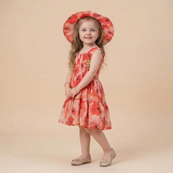 Red_Floral_Midi_Dress_With_Hat_Girls