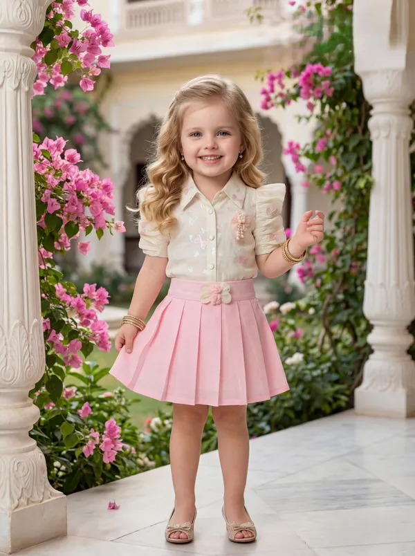 Pink_Pleated_Bow_Floral_Shirt_Skirt_Set_Girls