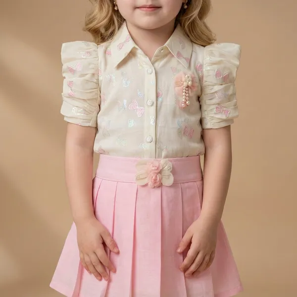 Pink_Pleated_Bow_Floral_Shirt_Skirt_Set_Girls