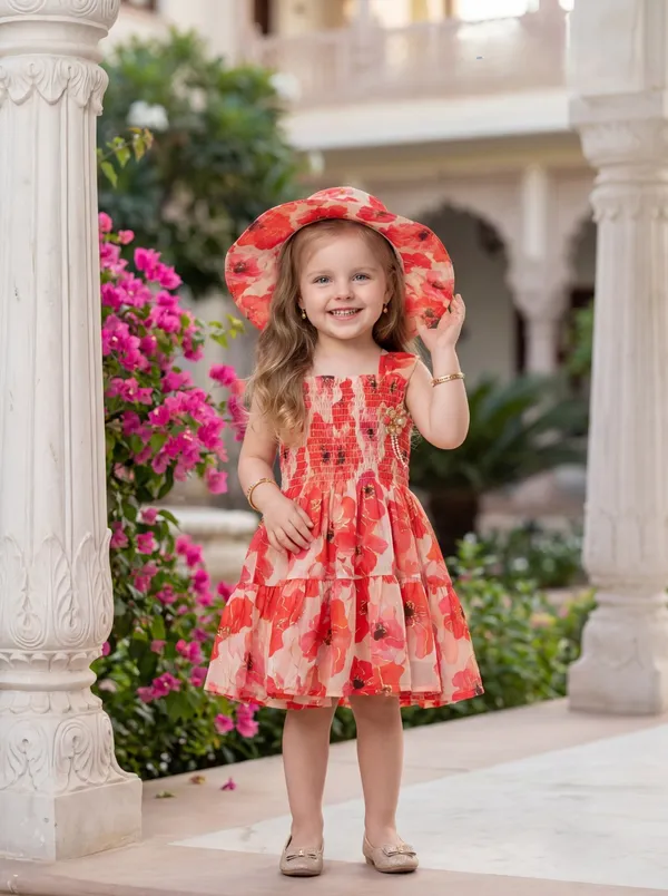 Red_Floral_Midi_Dress_With_Hat_Girls