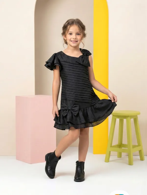 Black_Pleated_Ruffle_Sleeve_Bow_Party_Dress_Girls