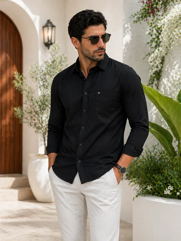 Black_Cotton-Lycra_Blend_Solid_Shirt_For_Men
