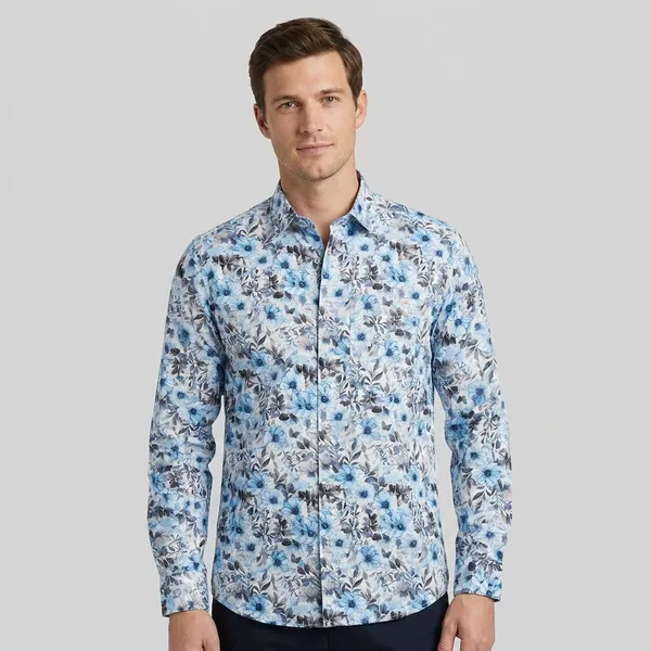 Blue_Cotton_Floral_Print_Shirt_For_Men