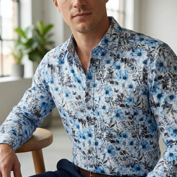 Blue_Cotton_Floral_Print_Shirt_For_Men