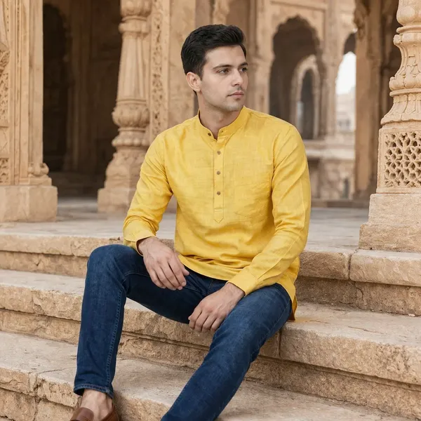 Yellow_Cotton_Solid_Kurta_For_Men