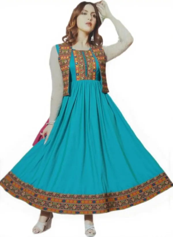 Traditional_Turquoise_Flared_Dress_With_Embroidered_Vest_Cyan