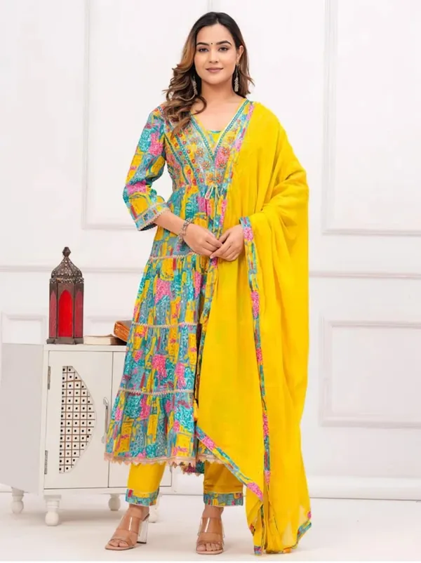 Floral_Print_Anarkali_Suit_Set_With_Yellow_Dupatta_Multicolour