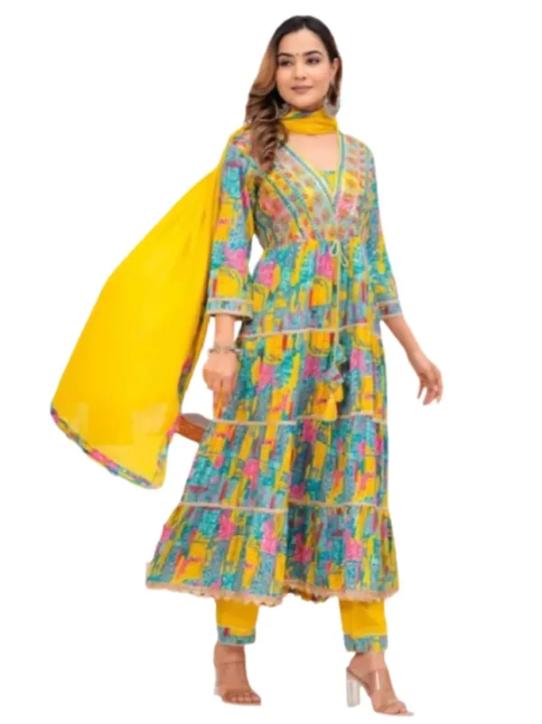Floral_Print_Anarkali_Suit_Set_With_Yellow_Dupatta_Multicolour