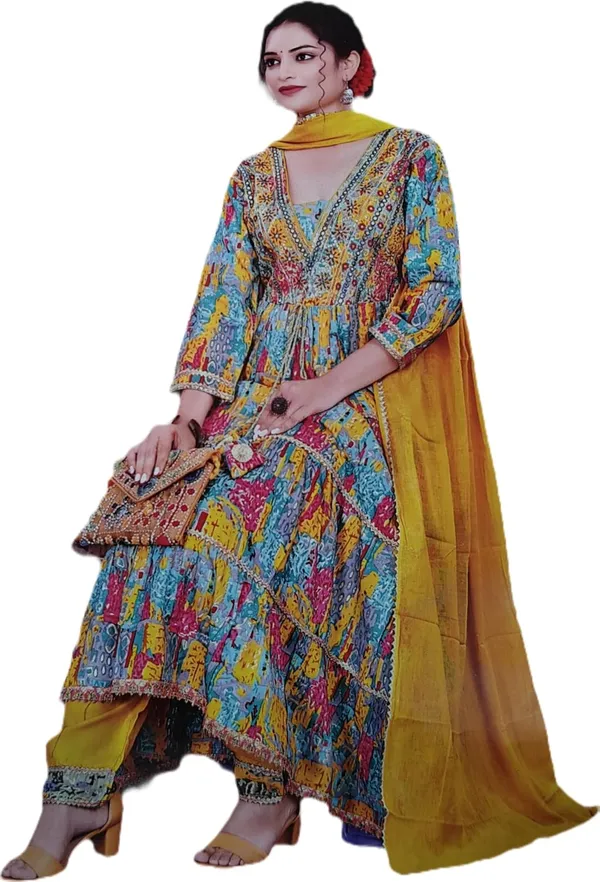 Floral_Print_Anarkali_Suit_Set_With_Yellow_Dupatta_Multicolour