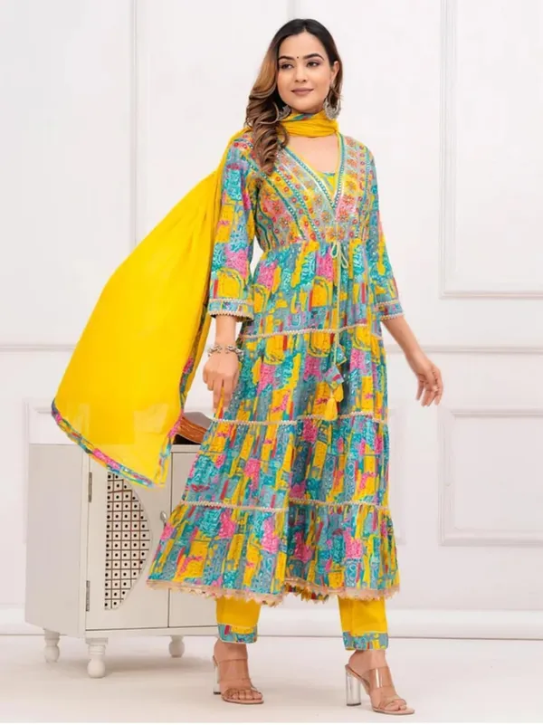 Floral_Print_Anarkali_Suit_Set_With_Yellow_Dupatta_Multicolour