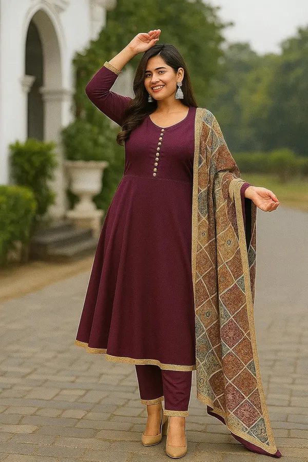 Elegant_Ethnic_Long_Anarkali_Dress_With_Printed_Dupatta_Wine