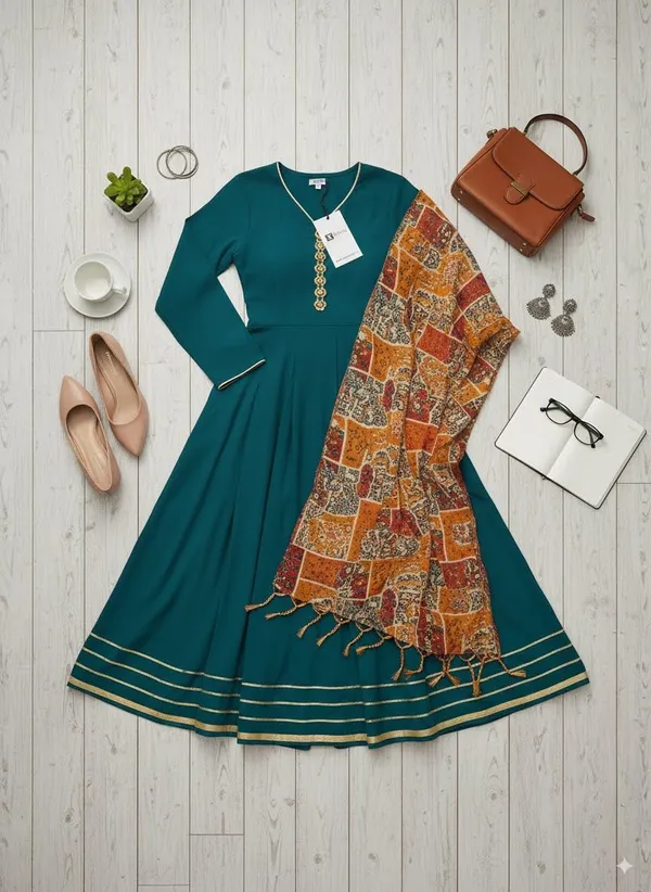 Elegant_Ethnic_Long_Anarkali_Dress_With_Printed_Dupatta_Full_Sleeves_Button_Detail_For_Party_Festive_Dress__Traditional_Outfit_Dark_Green