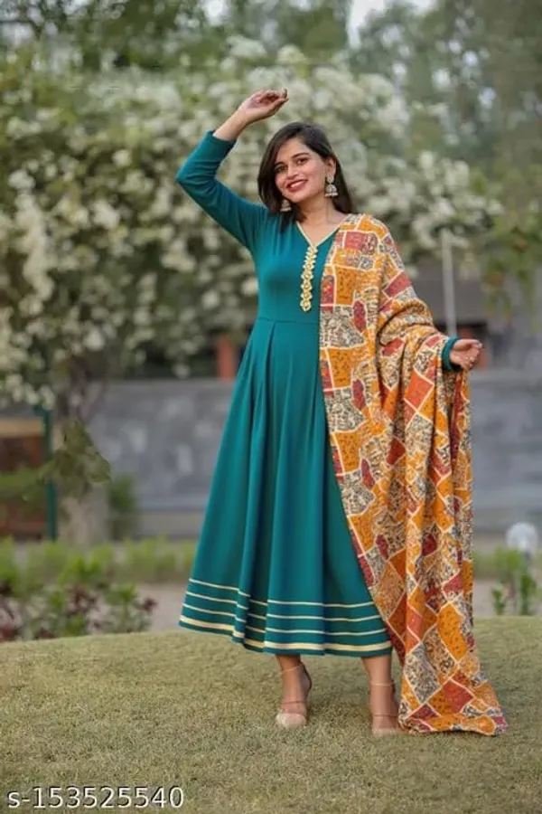 Elegant_Ethnic_Long_Anarkali_Dress_With_Printed_Dupatta_Full_Sleeves_Button_Detail_For_Party_Festive_Dress__Traditional_Outfit_Dark_Green
