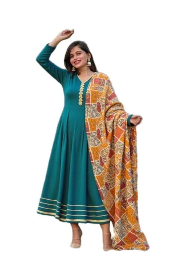 Elegant_Ethnic_Long_Anarkali_Dress_With_Printed_Dupatta_Full_Sleeves_Button_Detail_For_Party_Festive_Dress__Traditional_Outfit_Dark_Green