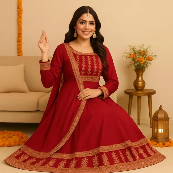 Designer_Womens_Anarkali_Dress_With_Golden_Embroidery_Festive_Wedding_Ethnic_Gown_Red
