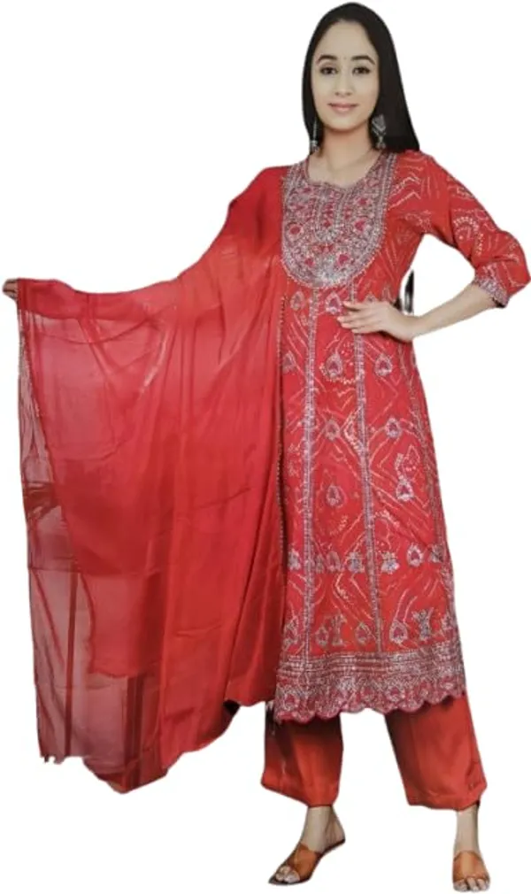 Red_Bandhej_Embroidered_Kameez_With_Salwar_Suit_Set_Red