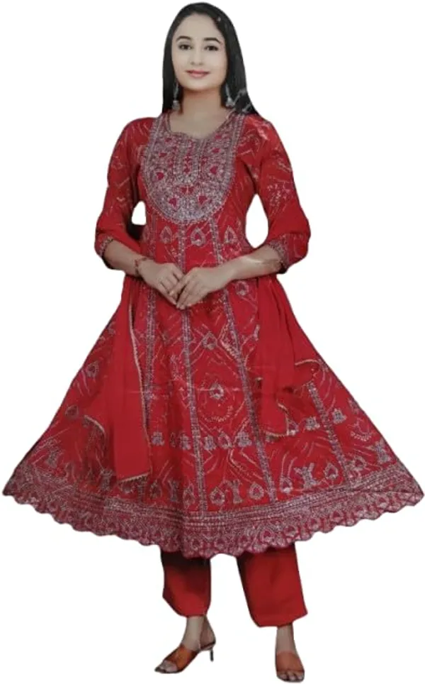 Red_Bandhej_Embroidered_Kameez_With_Salwar_Suit_Set_Red