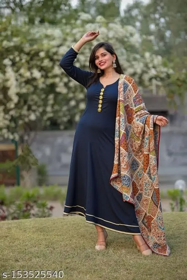 Womens_Elegant_Ethnic_Long_Anarkali_Dress_With_Printed_Dupatta_Full_Sleeves_Button_Detail_Black