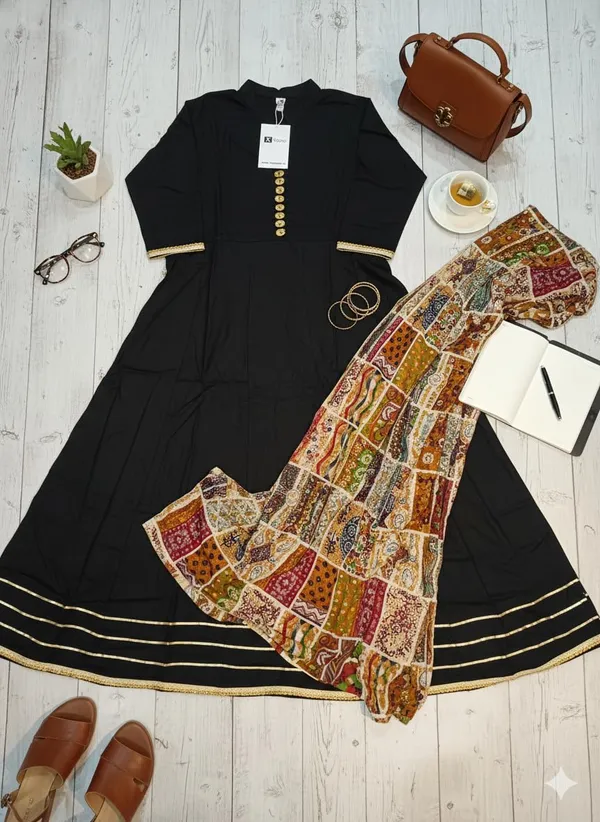 Womens_Elegant_Ethnic_Long_Anarkali_Dress_With_Printed_Dupatta_Full_Sleeves_Button_Detail_Black