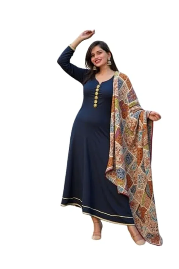Womens_Elegant_Ethnic_Long_Anarkali_Dress_With_Printed_Dupatta_Full_Sleeves_Button_Detail_Black