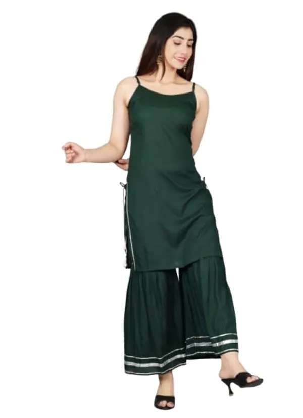 Womens_Designer_Strappy_Kurta_With_Sharara_Set_Rayon_Fabric_Silver_Gota_Patti_Border_Detailing_Sleeveless_Ethnic_Wear_Green