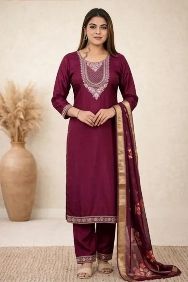 Womens_Berlin_Semi_Cotton_Kurta_Pant_Dupatta_Set_Wine