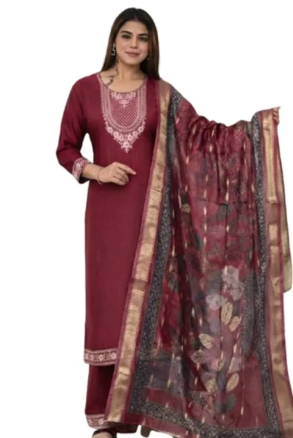 Womens_Berlin_Semi_Cotton_Kurta_Pant_Dupatta_Set_Wine