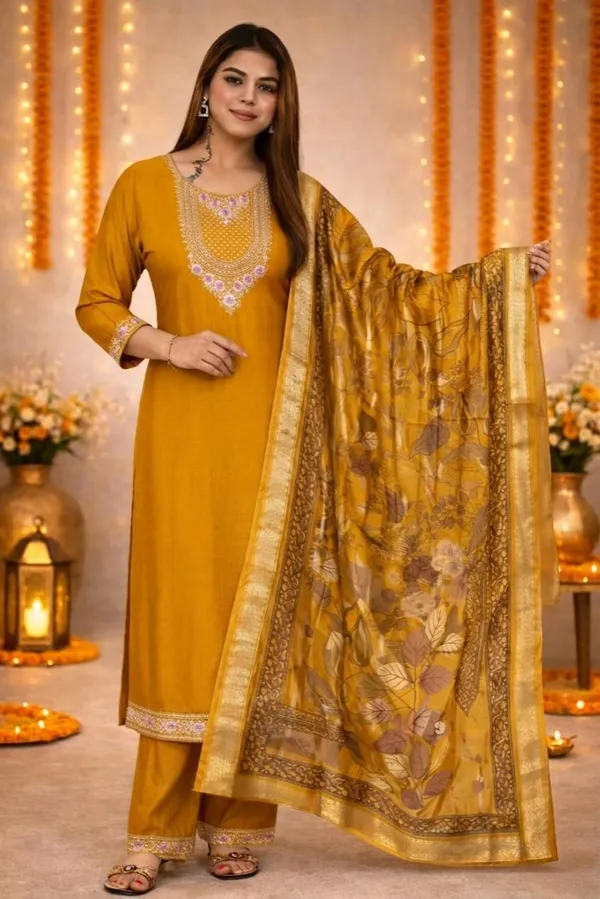Womens_Berlin_Semi_Cotton_Embroidered_Kurta_Pant_Dupatta_Set_Mustard_Yellow