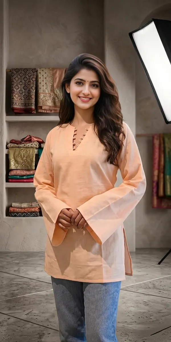 Women_Cotton_Blend_Short_Kurti_Top_With_Bell_Sleeves_Peach