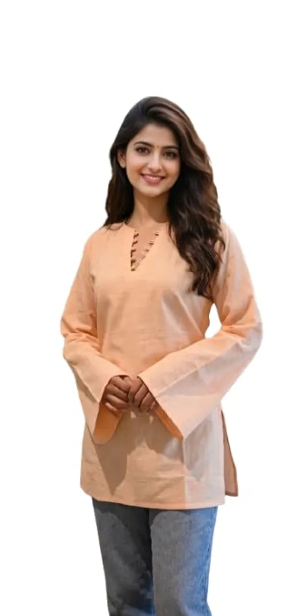 Women_Cotton_Blend_Short_Kurti_Top_With_Bell_Sleeves_Peach