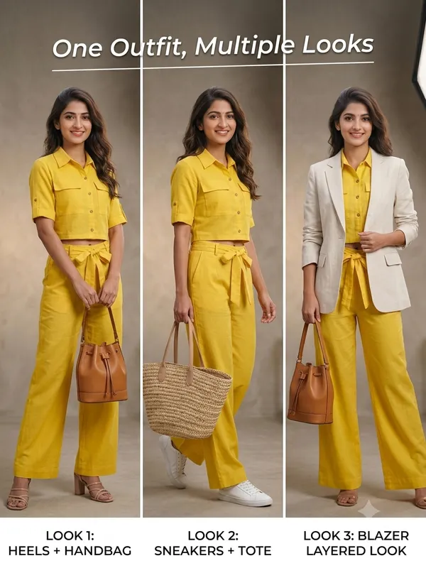 The_XOXO_Women’s_Solid_Yellow_Co-Ord_Set_|_Open_Button_Crop_Shirt_Top_&_Wide_Leg_Pants_Set_|_Casual_Summer_Co-Ord_Outfit_for_Women_|_Trendy_Matching_Two_Piece_Set