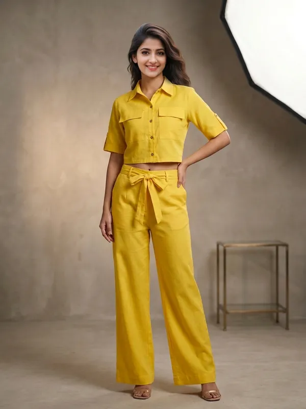 The_XOXO_Women’s_Solid_Yellow_Co-Ord_Set_|_Open_Button_Crop_Shirt_Top_&_Wide_Leg_Pants_Set_|_Casual_Summer_Co-Ord_Outfit_for_Women_|_Trendy_Matching_Two_Piece_Set