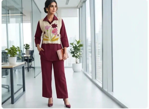 The_Xoxo_Women_Cotton_Kurta_Pant_Set_with_Floral_Thread_Embroidered_Koti,_3/4_Sleeve_Collared_Kurta,_Wine_Maroon_Ethnic_Wear_Co-Ord_Set