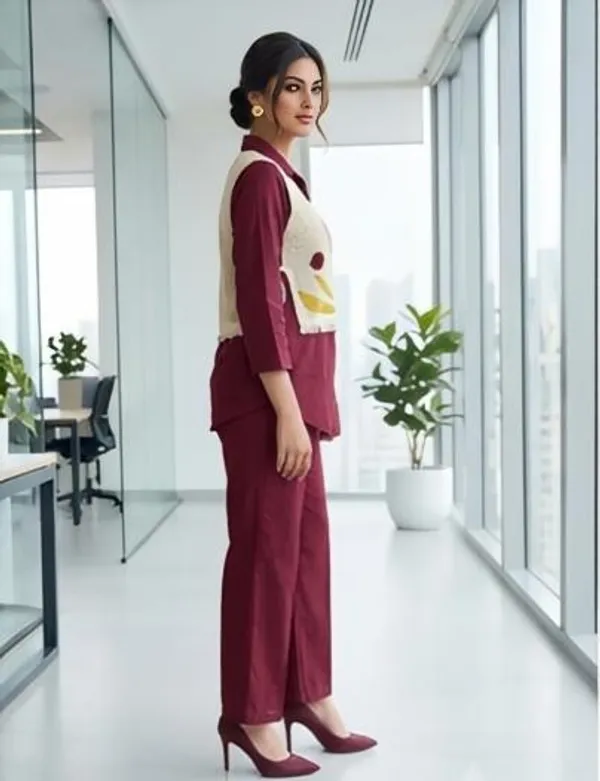 The_Xoxo_Women_Cotton_Kurta_Pant_Set_with_Floral_Thread_Embroidered_Koti,_3/4_Sleeve_Collared_Kurta,_Wine_Maroon_Ethnic_Wear_Co-Ord_Set