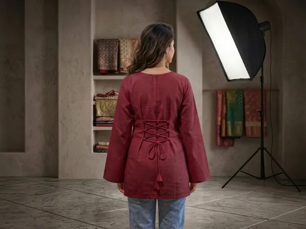 Women_Cotton_Blend_Short_Kurti_Top_with_Bell_Sleeves_&_Corset_Tie-Up_Back_|_Stylish_Designer_Neckline_Ethnic_Tunic_Kurta_for_Casual_Wear,_Office_&_Indo-Western_Styling