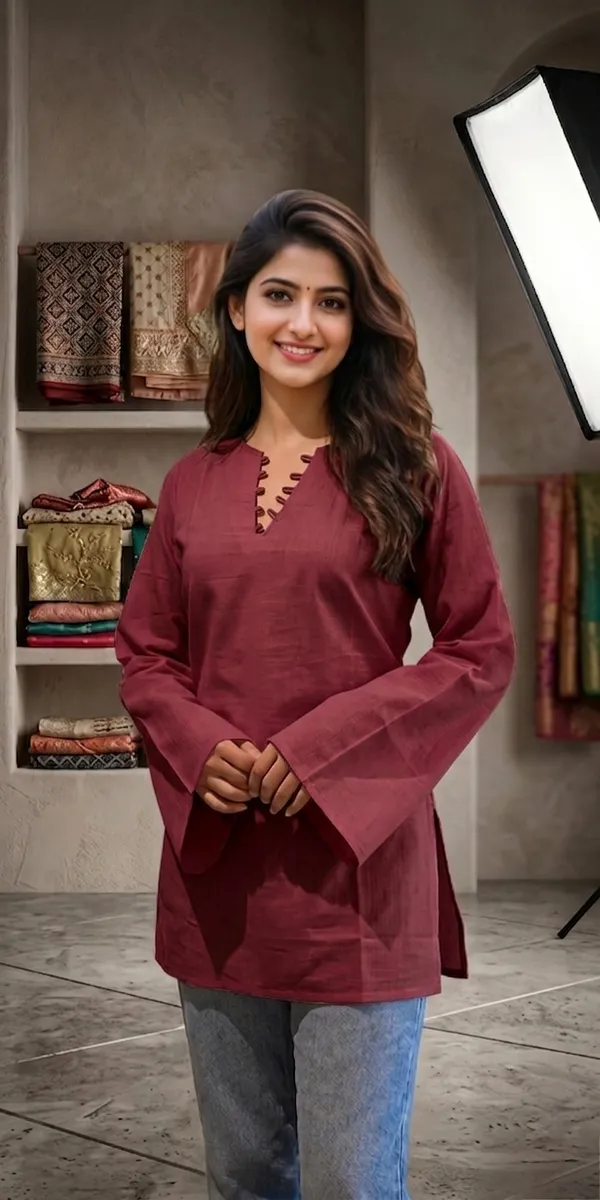 Women_Cotton_Blend_Short_Kurti_Top_with_Bell_Sleeves_&_Corset_Tie-Up_Back_|_Stylish_Designer_Neckline_Ethnic_Tunic_Kurta_for_Casual_Wear,_Office_&_Indo-Western_Styling