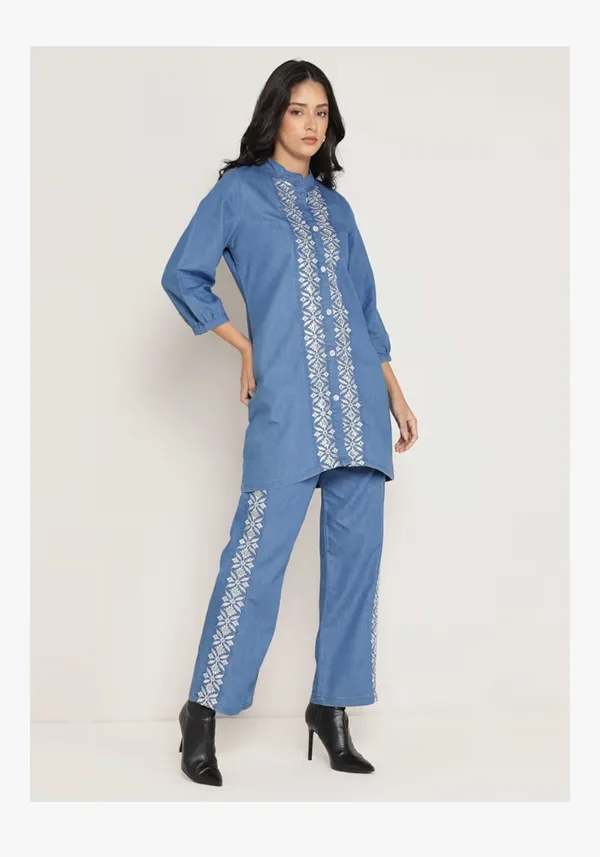 Women’s_Denim_Blue_Embroidered_Co-Ord_Set_|_Ethnic_Fusion_Kurti_&_Pant_Set_for_Casual_&_Office_Wear
