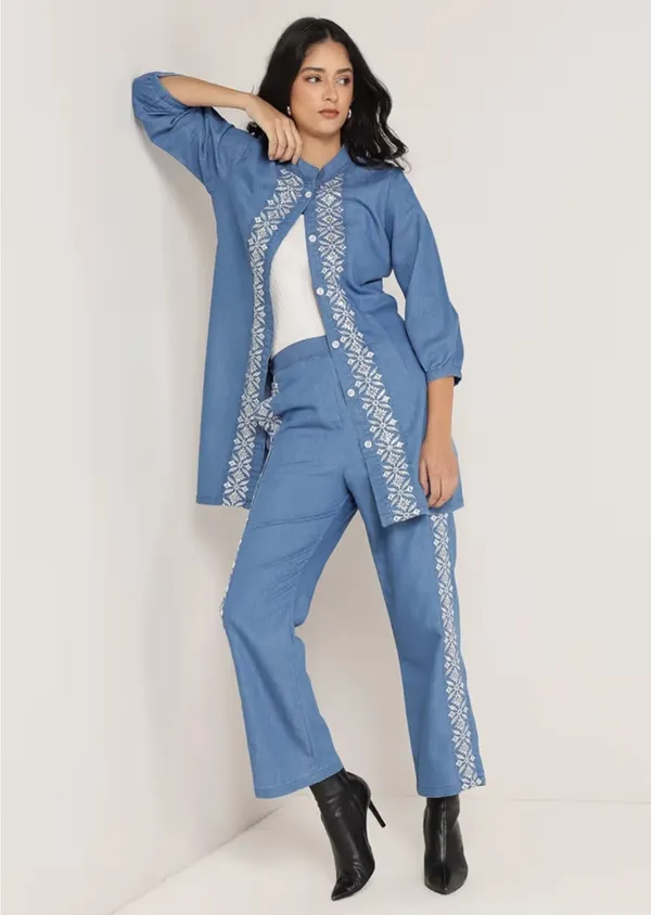 Women’s_Denim_Blue_Embroidered_Co-Ord_Set_|_Ethnic_Fusion_Kurti_&_Pant_Set_for_Casual_&_Office_Wear