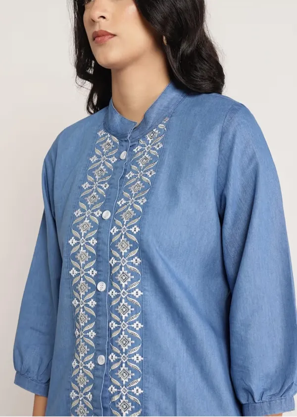 Women’s_Denim_Blue_Embroidered_Co-Ord_Set_|_Ethnic_Fusion_Kurti_&_Pant_Set_for_Casual_&_Office_Wear