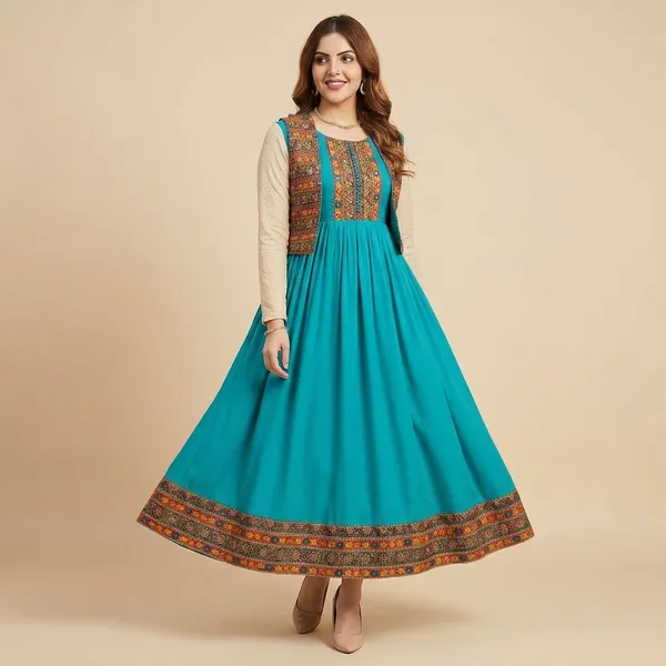 Traditional_Turquoise_Flared_Dress_With_Embroidered_Vest_Cyan