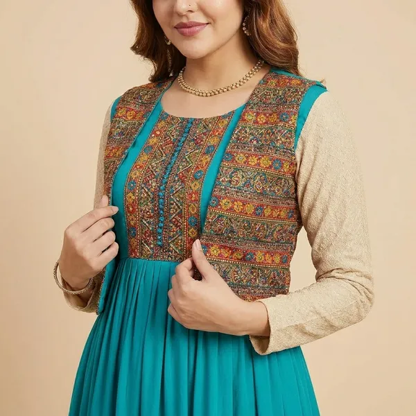 Traditional_Turquoise_Flared_Dress_With_Embroidered_Vest_Cyan