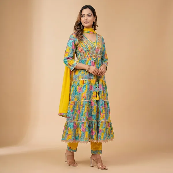 Floral_Print_Anarkali_Suit_Set_With_Yellow_Dupatta_Multicolour