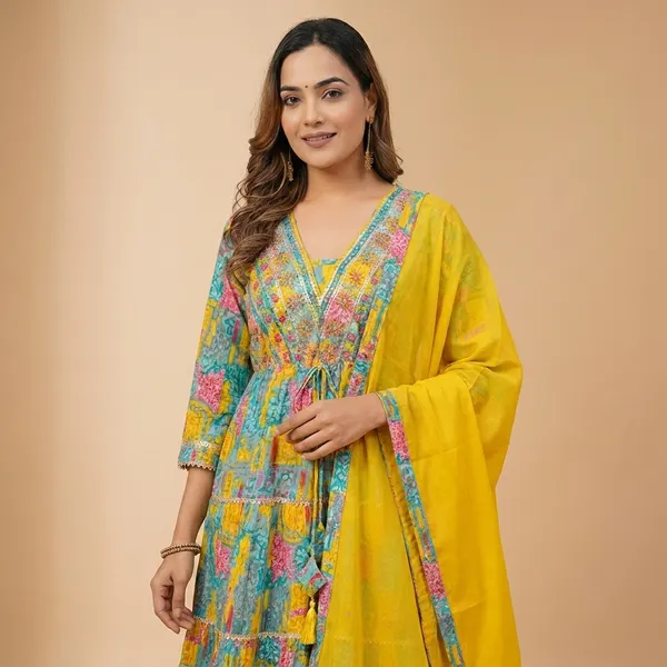 Floral_Print_Anarkali_Suit_Set_With_Yellow_Dupatta_Multicolour