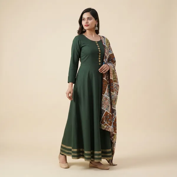 Elegant_Ethnic_Long_Anarkali_Dress_With_Printed_Dupatta_Full_Sleeves_Button_Detail_For_Party_Festive_Dress__Traditional_Outfit