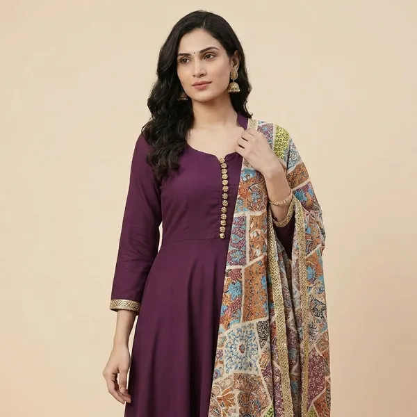 Elegant_Ethnic_Long_Anarkali_Dress_With_Printed_Dupatta_Wine