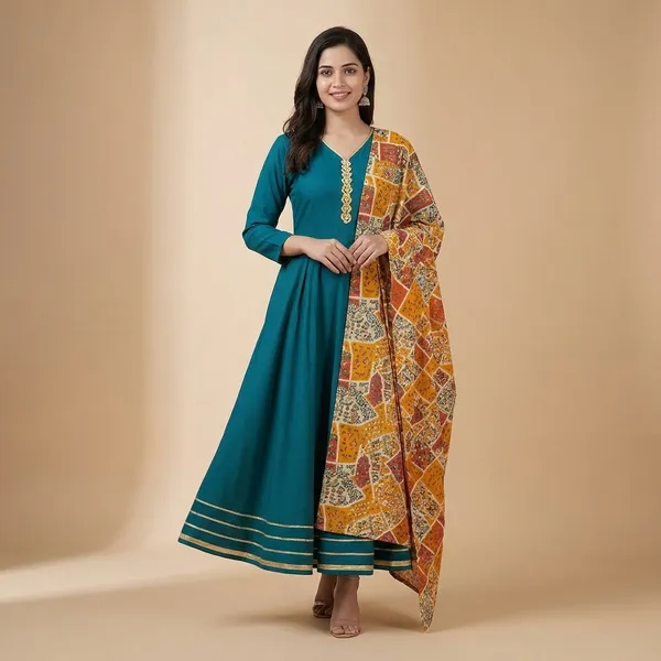 Elegant_Ethnic_Long_Anarkali_Dress_With_Printed_Dupatta_Full_Sleeves_Button_Detail_For_Party_Festive_Dress__Traditional_Outfit_Dark_Green
