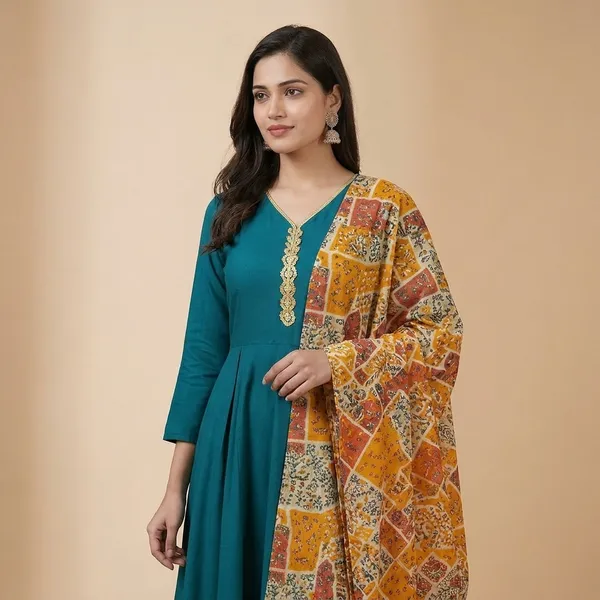 Elegant_Ethnic_Long_Anarkali_Dress_With_Printed_Dupatta_Full_Sleeves_Button_Detail_For_Party_Festive_Dress__Traditional_Outfit_Dark_Green