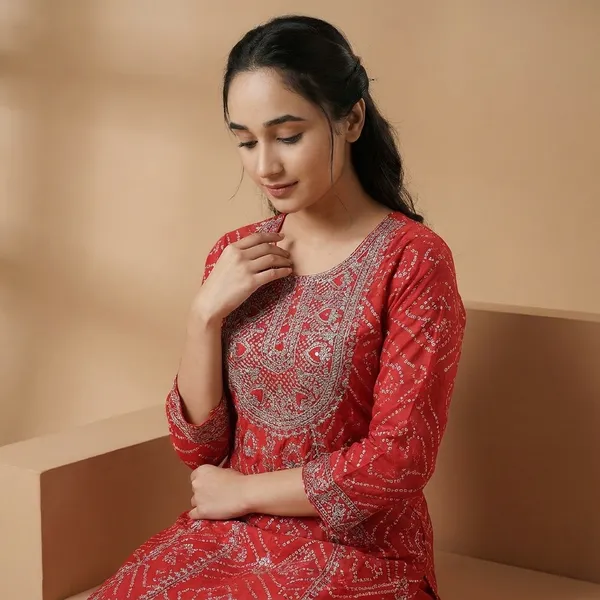 Red_Bandhej_Embroidered_Kameez_With_Salwar_Suit_Set_Red