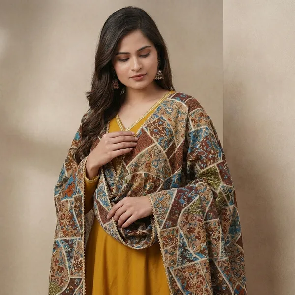Womens_Elegant_Ethnic_Long_Anarkali_Dress_With_Printed_Dupatta_Full_Sleeves_Button_Detail_Mustard